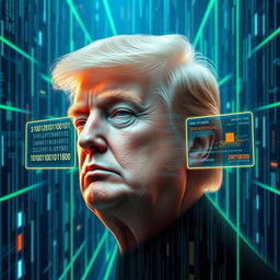 A surreal digital artwork depicting a blend of Donald Trump and a futuristic AI matrix environment