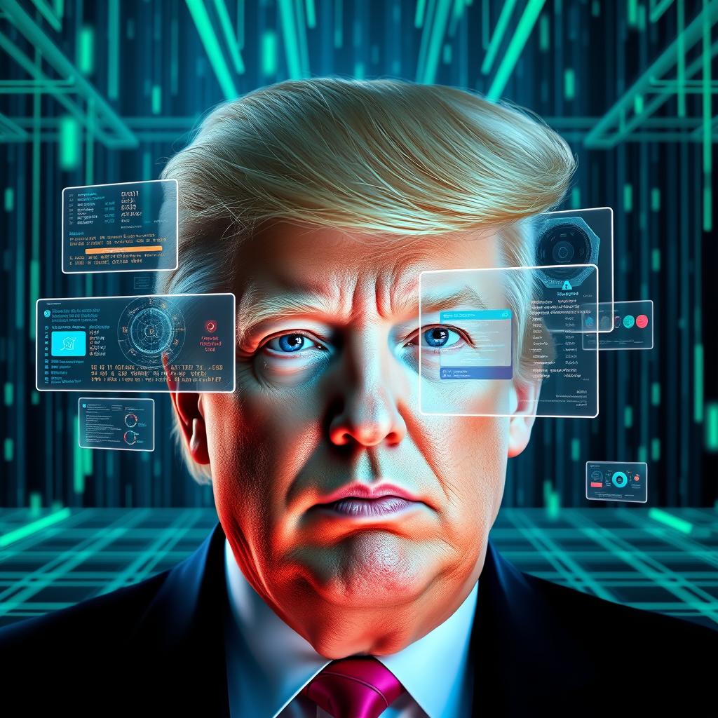 A surreal digital artwork depicting a blend of Donald Trump and a futuristic AI matrix environment