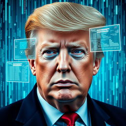 A surreal digital artwork depicting a blend of Donald Trump and a futuristic AI matrix environment