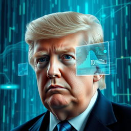A surreal digital artwork depicting a blend of Donald Trump and a futuristic AI matrix environment