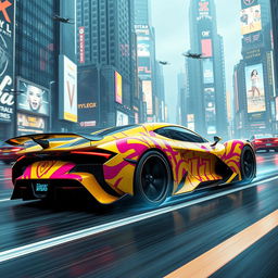 A stunning futuristic hypercar adorned with vibrant yellow and pink graffiti designs, racing through a bustling futuristic cityscape filled with towering neon-lit skyscrapers and holographic billboards