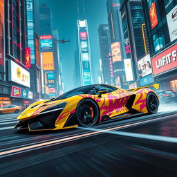 A stunning futuristic hypercar adorned with vibrant yellow and pink graffiti designs, racing through a bustling futuristic cityscape filled with towering neon-lit skyscrapers and holographic billboards