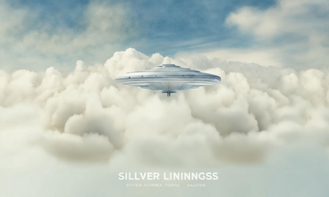 Minimalist Wes Anderson style poster featuring an alien spaceship above fluffy white clouds under a gradient sky transitioning from light to deep blue. The scene is dominated by silver tones and titled 'Silver Linings' in a modern typeface.