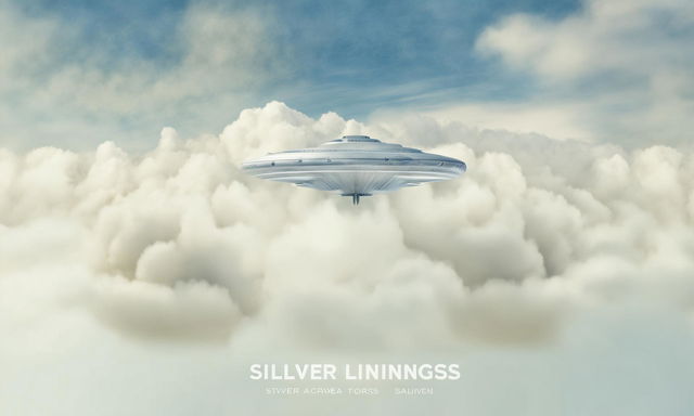 Minimalist Wes Anderson style poster featuring an alien spaceship above fluffy white clouds under a gradient sky transitioning from light to deep blue. The scene is dominated by silver tones and titled 'Silver Linings' in a modern typeface.