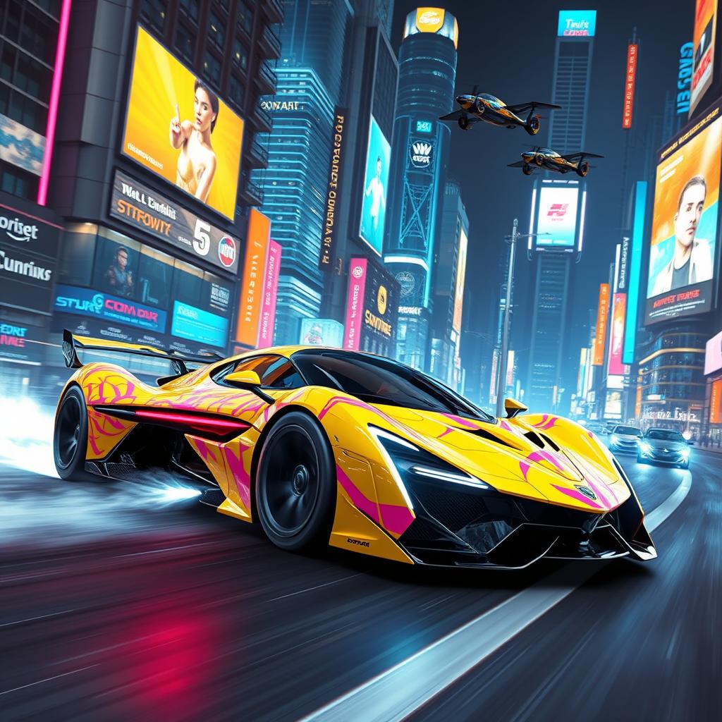 A stunning futuristic hypercar adorned with vibrant yellow and pink graffiti designs, racing through a bustling futuristic cityscape filled with towering neon-lit skyscrapers and holographic billboards