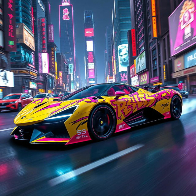 A stunning futuristic hypercar adorned with vibrant yellow and pink graffiti designs, racing through a bustling futuristic cityscape filled with towering neon-lit skyscrapers and holographic billboards