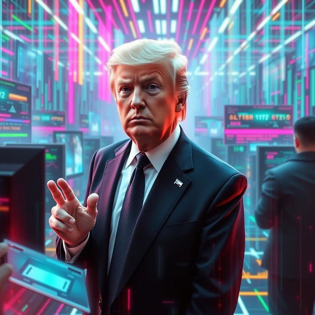 A surreal digital artwork featuring a futuristic and abstract interpretation of Donald Trump within a matrix-like environment