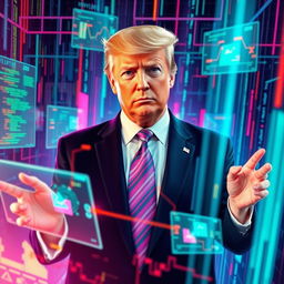 A surreal digital artwork featuring a futuristic and abstract interpretation of Donald Trump within a matrix-like environment