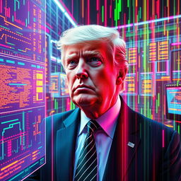 A surreal digital artwork featuring a futuristic and abstract interpretation of Donald Trump within a matrix-like environment