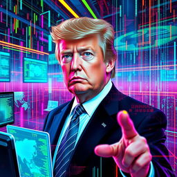 A surreal digital artwork featuring a futuristic and abstract interpretation of Donald Trump within a matrix-like environment