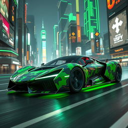 A futuristic hypercar featuring a striking camouflage pattern, gliding through a vibrant city illuminated by green neon lights