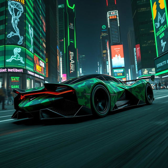 A futuristic hypercar featuring a striking camouflage pattern, gliding through a vibrant city illuminated by green neon lights