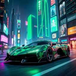 A futuristic hypercar featuring a striking camouflage pattern, gliding through a vibrant city illuminated by green neon lights
