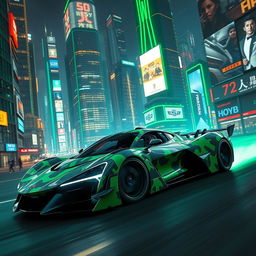 A futuristic hypercar featuring a striking camouflage pattern, gliding through a vibrant city illuminated by green neon lights