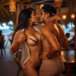 A sensual scene featuring an attractive woman, inspired by Nushrath Bharucha, wearing a bikini bottom and bold red lipstick