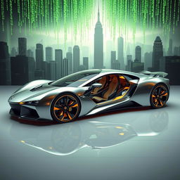 A futuristic interpretation of a concept car inspired by the aesthetics of Donald Trump, integrated with elements of the Matrix universe