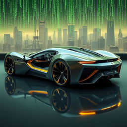 A futuristic interpretation of a concept car inspired by the aesthetics of Donald Trump, integrated with elements of the Matrix universe