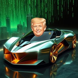 A futuristic interpretation of a concept car inspired by the aesthetics of Donald Trump, integrated with elements of the Matrix universe