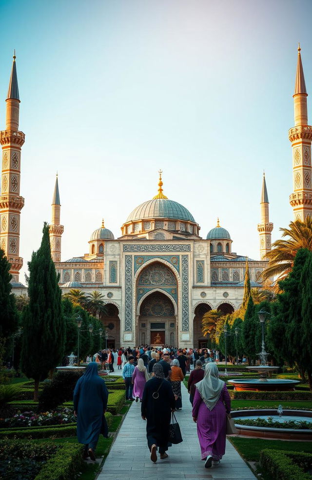 An engaging and culturally rich depiction of Islamic architecture, featuring a grand mosque with intricate geometric patterns and calligraphy