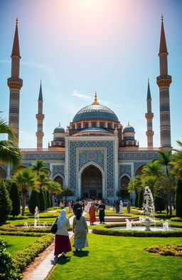 An engaging and culturally rich depiction of Islamic architecture, featuring a grand mosque with intricate geometric patterns and calligraphy