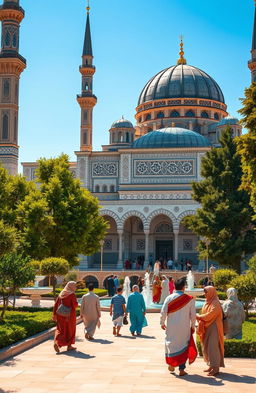 An engaging and culturally rich depiction of Islamic architecture, featuring a grand mosque with intricate geometric patterns and calligraphy