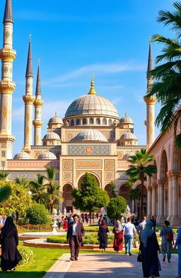 An engaging and culturally rich depiction of Islamic architecture, featuring a grand mosque with intricate geometric patterns and calligraphy