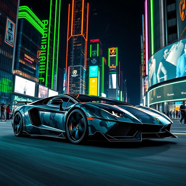 A futuristic camo Lamborghini Aventador, featuring a sleek and aggressive design, driving through a vibrant city illuminated by green neon lights