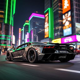 A futuristic camo Lamborghini Aventador, featuring a sleek and aggressive design, driving through a vibrant city illuminated by green neon lights