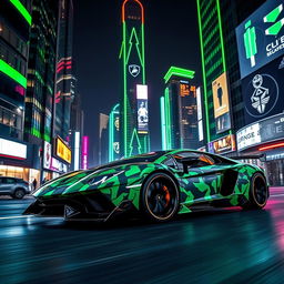 A futuristic camo Lamborghini Aventador, featuring a sleek and aggressive design, driving through a vibrant city illuminated by green neon lights