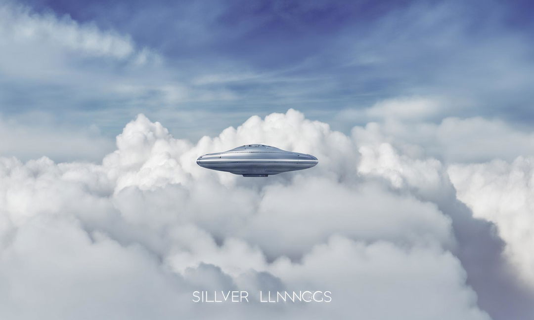 Minimalist Wes Anderson style poster featuring an alien spaceship above fluffy white clouds under a gradient sky transitioning from light to deep blue. The scene is dominated by silver tones and titled 'Silver Linings' in a modern typeface.