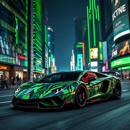 A futuristic camo Lamborghini Aventador, featuring a sleek and aggressive design, driving through a vibrant city illuminated by green neon lights