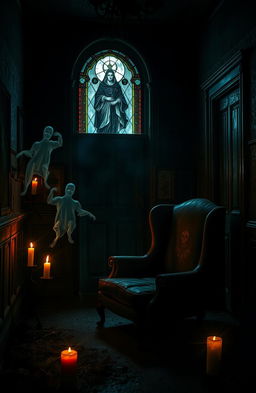 A chilling horror scene set in a dark, abandoned mansion