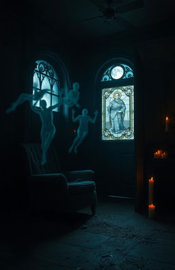 A chilling horror scene set in a dark, abandoned mansion