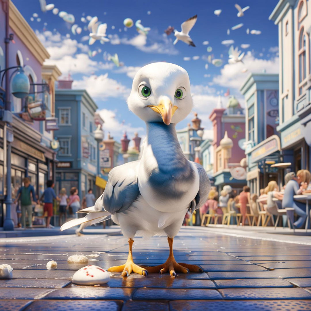 A Pixar-style scene featuring a seagull eating fallen ice cream in a vibrant seaside town under a sunny sky.