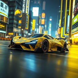 A striking yellow camouflage futuristic hypercar, showcasing an aggressive and sleek design, cruising through a vibrant city bathed in yellow neon lights