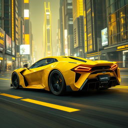 A striking yellow camouflage futuristic hypercar, showcasing an aggressive and sleek design, cruising through a vibrant city bathed in yellow neon lights