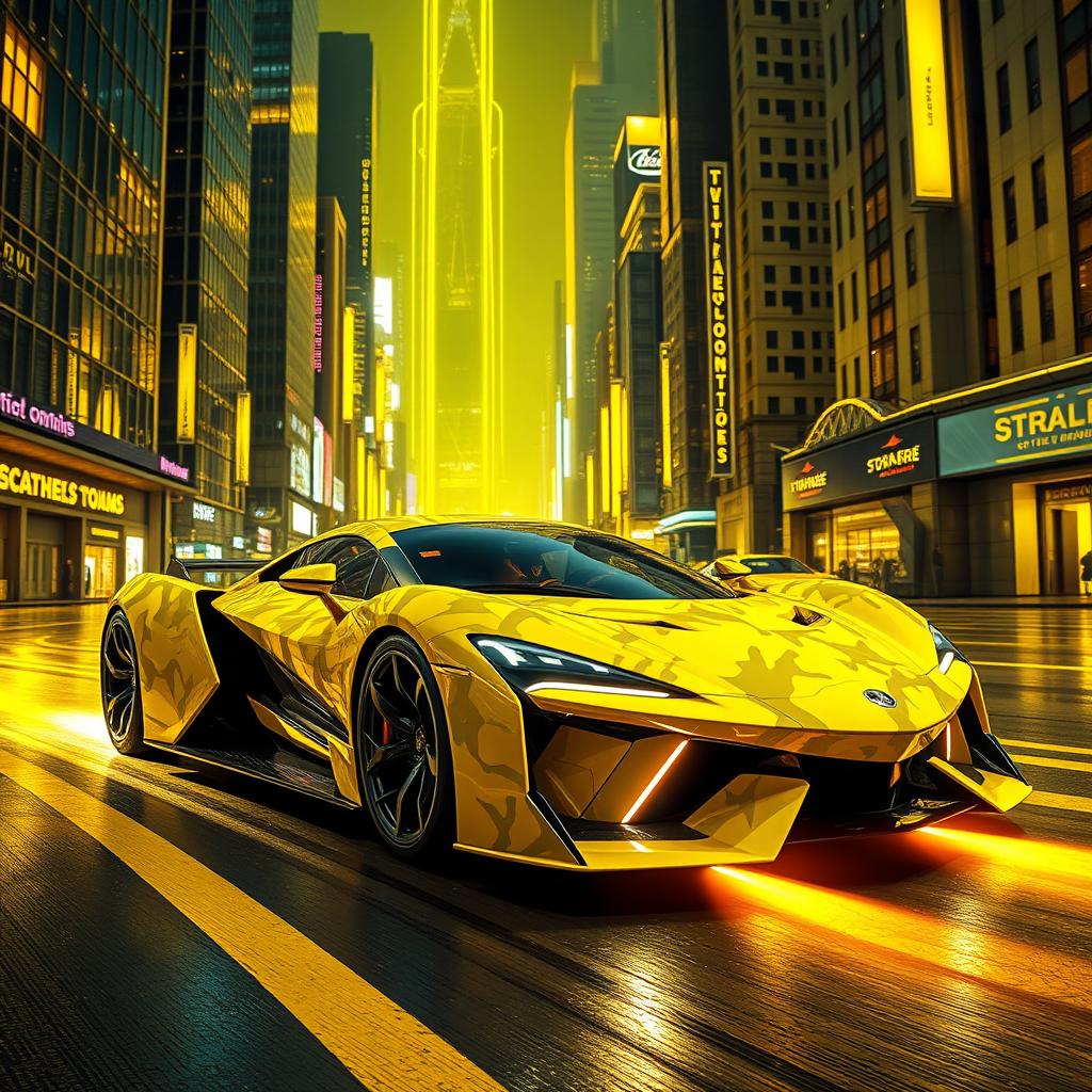 A striking yellow camouflage futuristic hypercar, showcasing an aggressive and sleek design, cruising through a vibrant city bathed in yellow neon lights