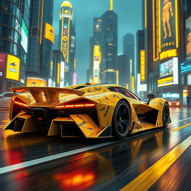 A striking yellow camouflage futuristic hypercar, showcasing an aggressive and sleek design, cruising through a vibrant city bathed in yellow neon lights