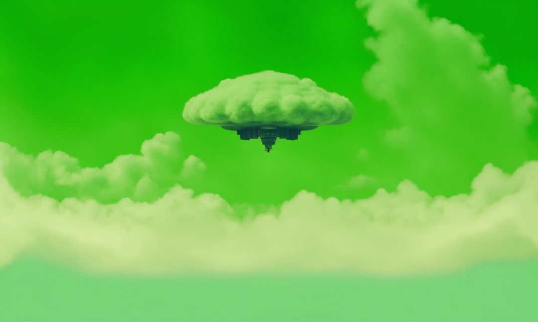 Minimalist Wes Anderson style poster featuring an alien spaceship above fluffy white clouds under a gradient sky transitioning from light to deep green. The scene is dominated by green retro tones and titled 'Silver Linings' in a modern typeface.