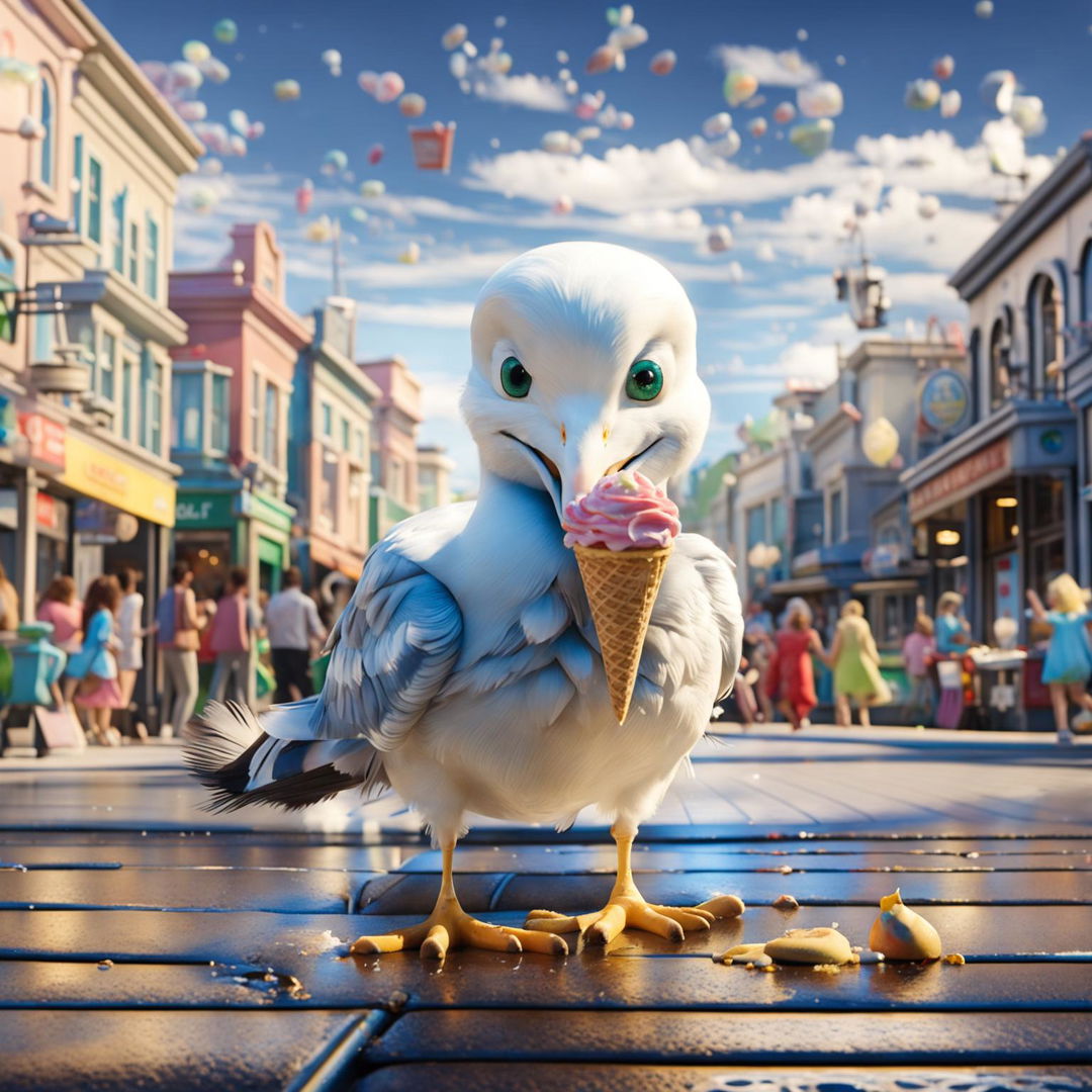 A Pixar-style scene of a seagull enjoying fallen ice cream.