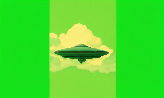 Minimalist Wes Anderson style poster featuring an alien spaceship above fluffy white clouds under a gradient sky transitioning from light to deep green. The scene is dominated by green retro tones and titled 'Silver Linings' in a modern typeface.