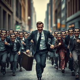 A dramatic scene featuring a businessman in a sharp suit, running frantically down an urban street with a suitcase in hand