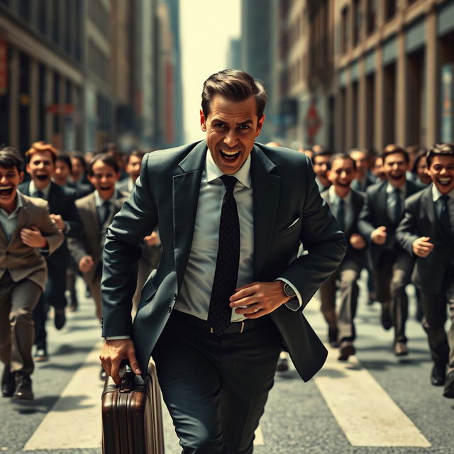 A dramatic scene featuring a businessman in a sharp suit, running frantically down an urban street with a suitcase in hand