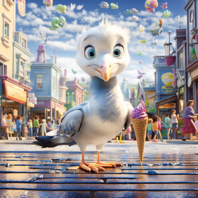 Pixar-style animation of a seagull eating fallen ice cream in a vibrant seaside town.