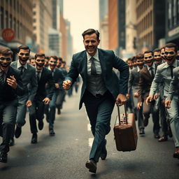 A dramatic scene featuring a businessman in a sharp suit, running frantically down an urban street with a suitcase in hand