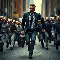 A dramatic scene featuring a businessman in a sharp suit, running frantically down an urban street with a suitcase in hand