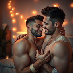 An artistic representation of a passionate and intimate moment between two modern gay men in a softly lit bedroom