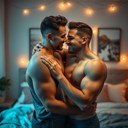 An artistic representation of a passionate and intimate moment between two modern gay men in a softly lit bedroom