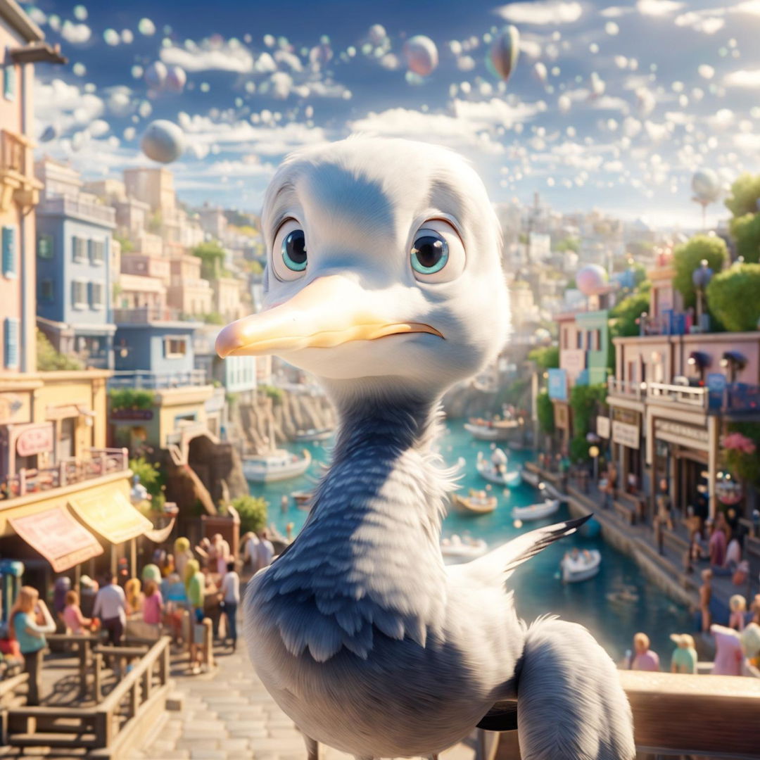 Pixar-style animation of a seagull in a vibrant seaside town.