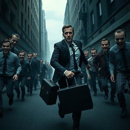 A tense scene featuring a scared businessman, dressed in a formal suit, clutching a suitcase as he runs desperately through an eerie, deserted city street